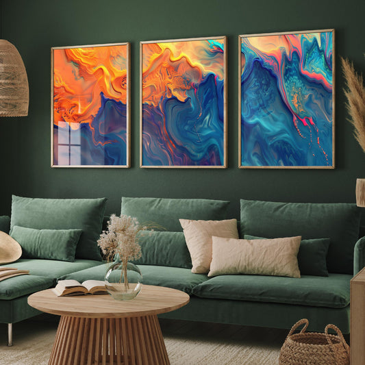 Fractal Paint Spill Set of Three Art Prints - 3 Orange & Blue Abstract Posters - Marbled Fluid Painting - Modern Triptych Decor