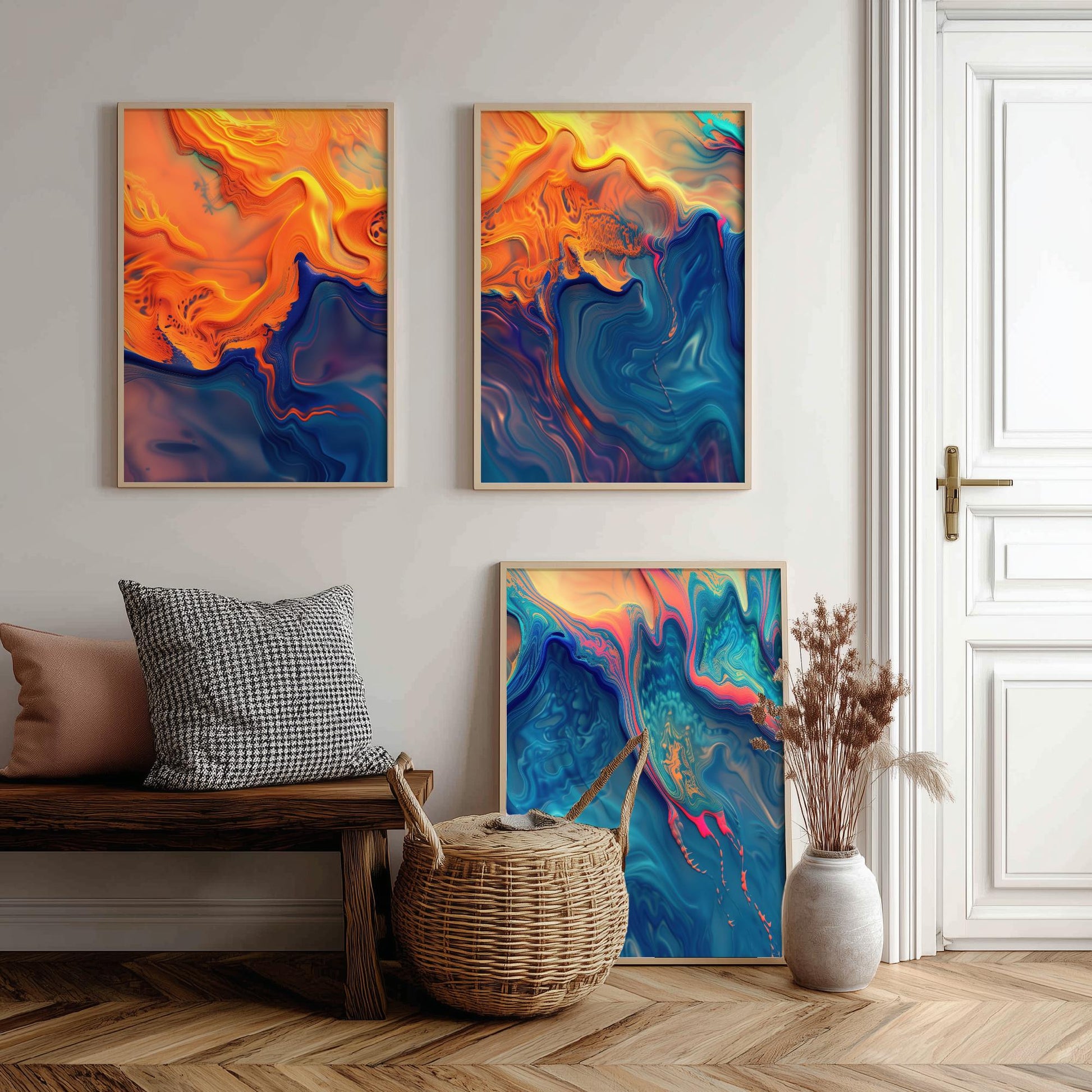 Fractal Paint Spill Set of Three Art Prints - 3 Orange & Blue Abstract Posters - Marbled Fluid Painting - Modern Triptych Decor