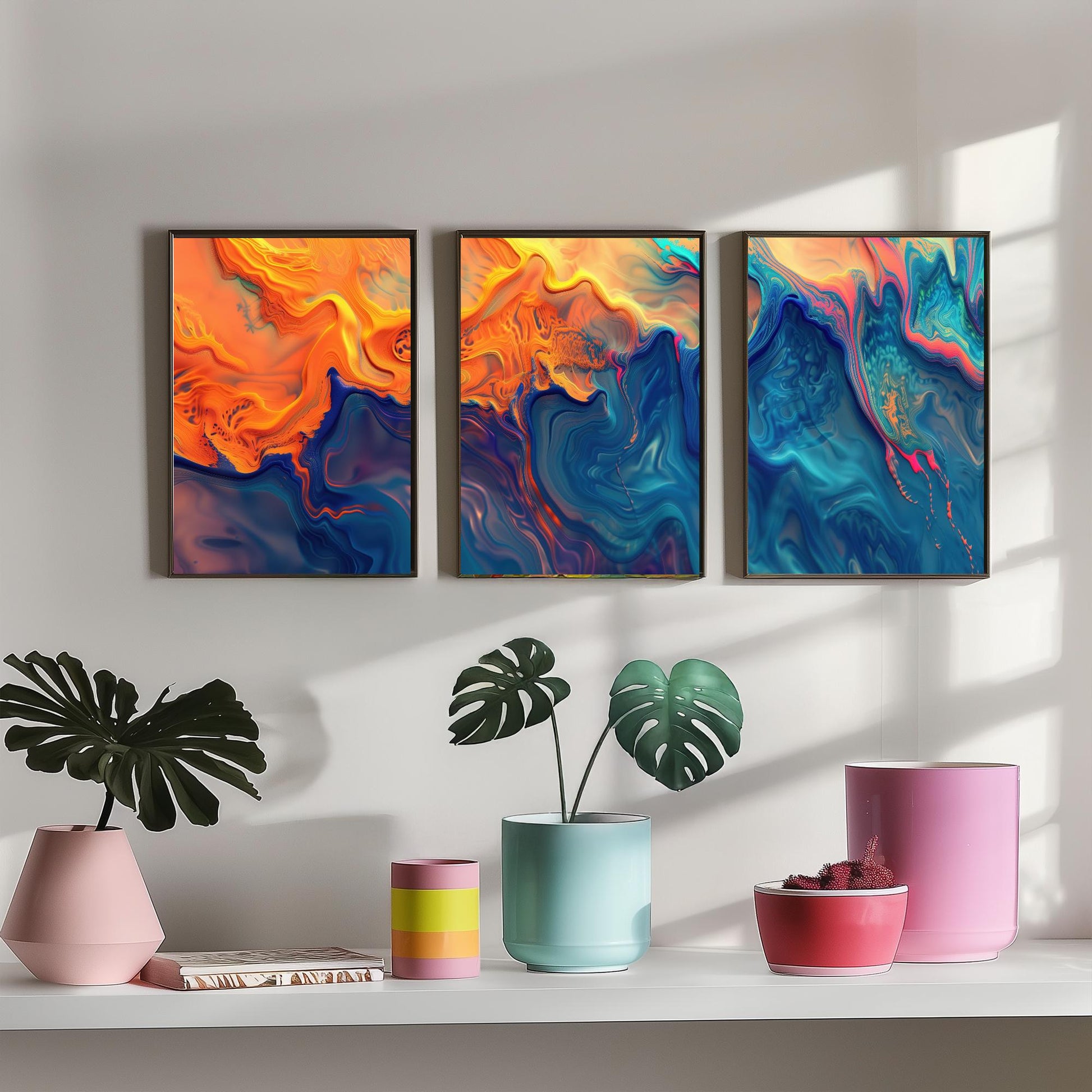 Fractal Paint Spill Set of Three Art Prints - 3 Orange & Blue Abstract Posters - Marbled Fluid Painting - Modern Triptych Decor