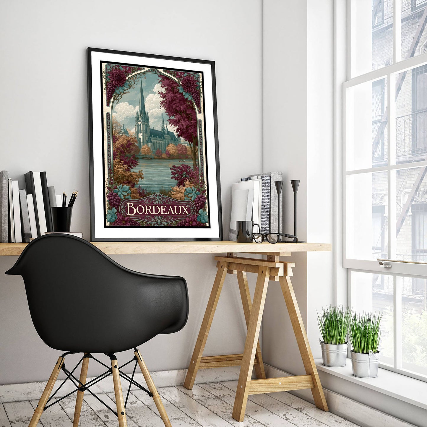 Bordeaux France Travel Poster - Art Nouveau Illustration - Cathedral & Autumn Vines Art Print - Visit Wine Region 1/3