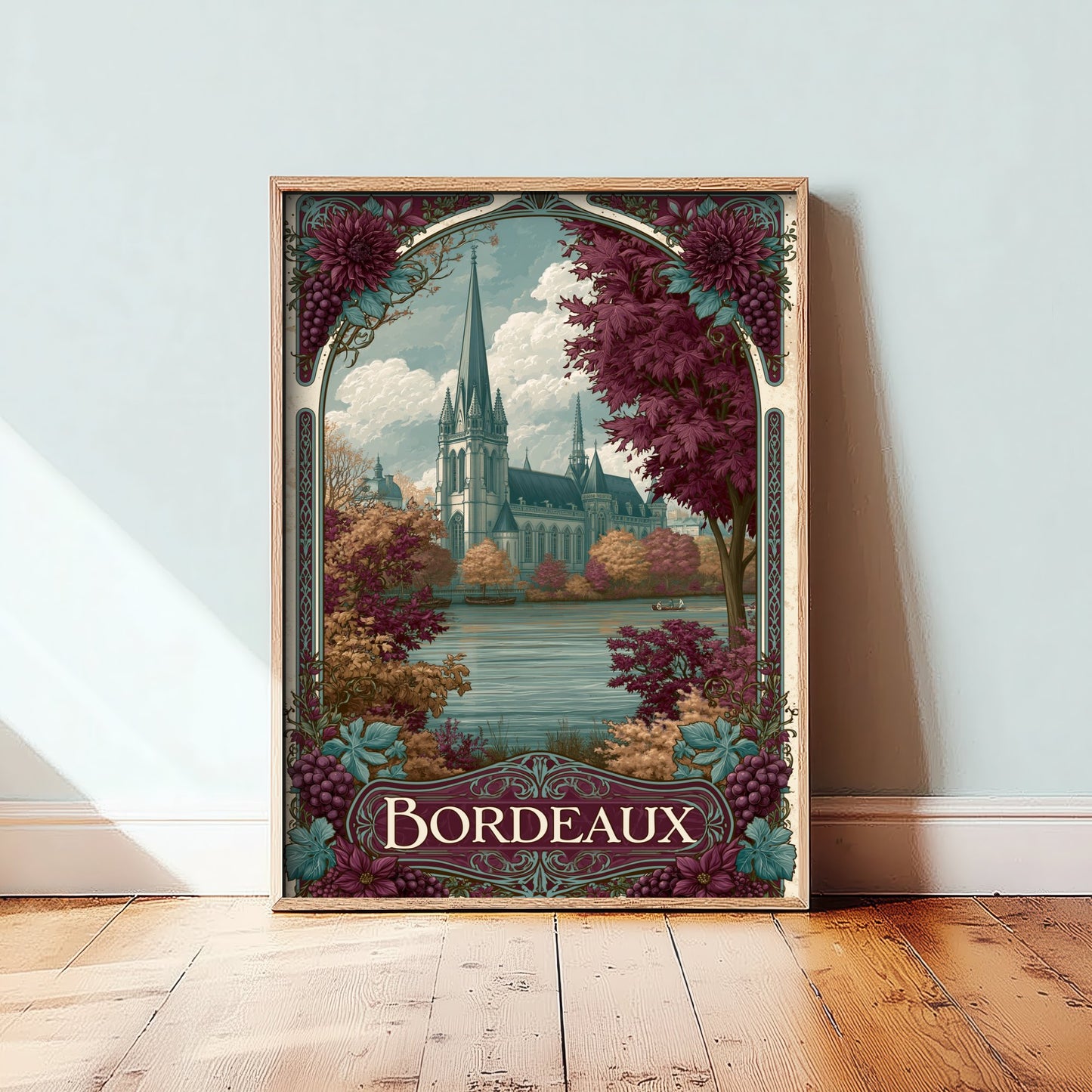 Bordeaux France Travel Poster - Art Nouveau Illustration - Cathedral & Autumn Vines Art Print - Visit Wine Region 1/3