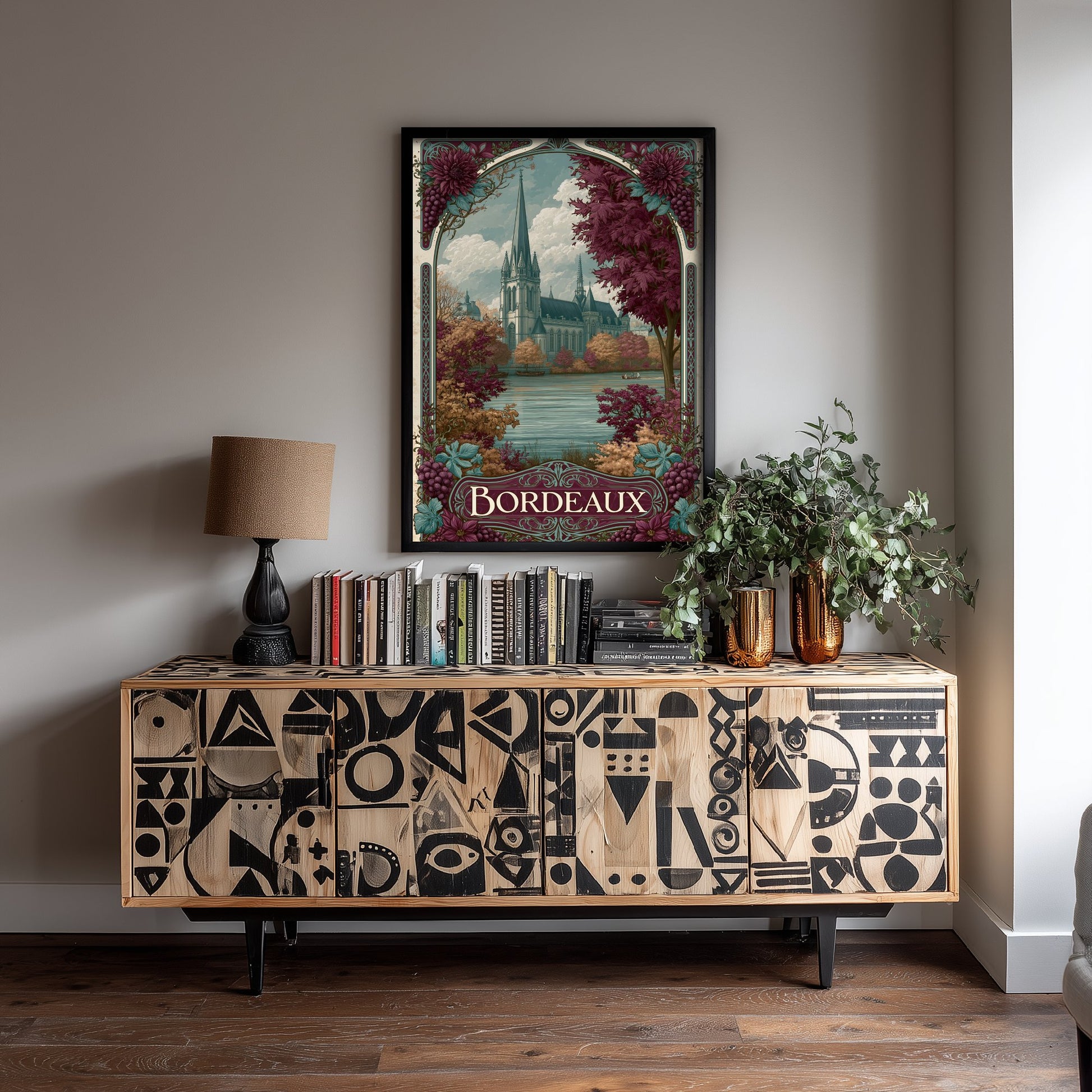 Bordeaux France Travel Poster - Art Nouveau Illustration - Cathedral & Autumn Vines Art Print - Visit Wine Region 1/3