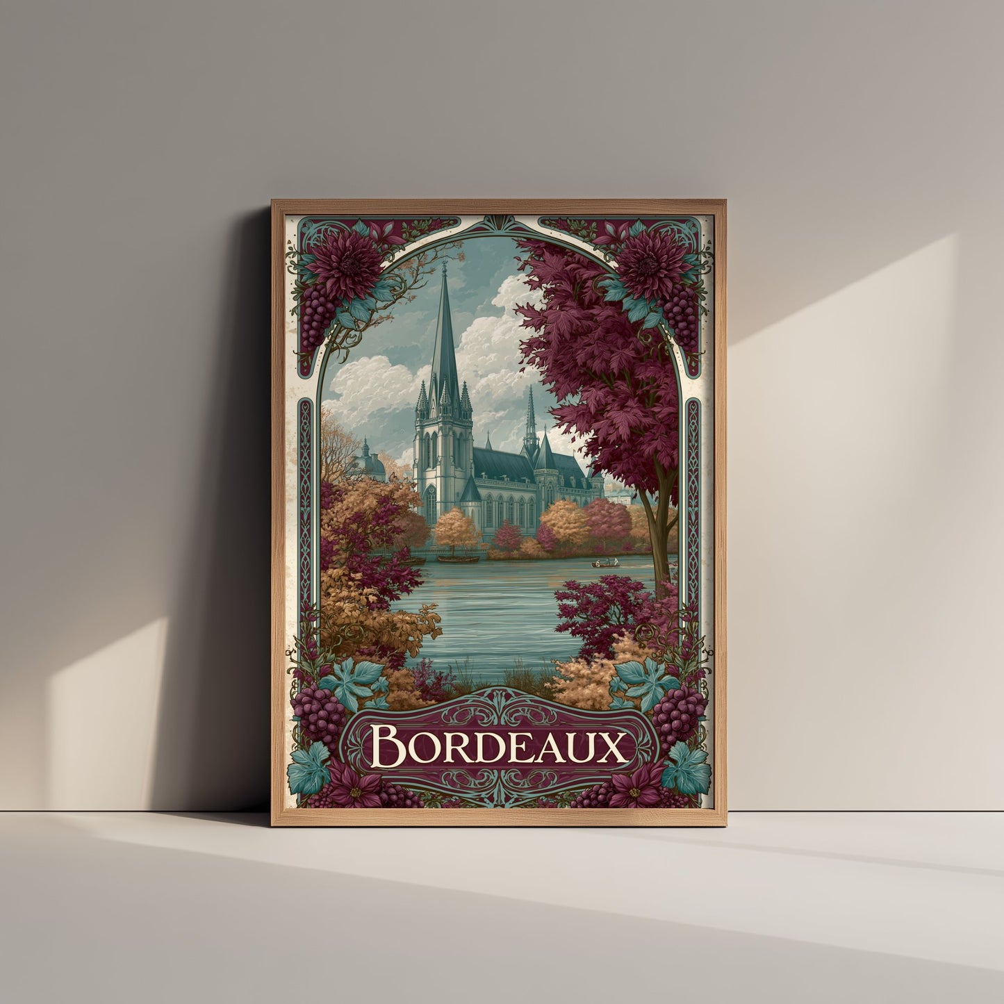 Bordeaux France Travel Poster - Art Nouveau Illustration - Cathedral & Autumn Vines Art Print - Visit Wine Region 1/3