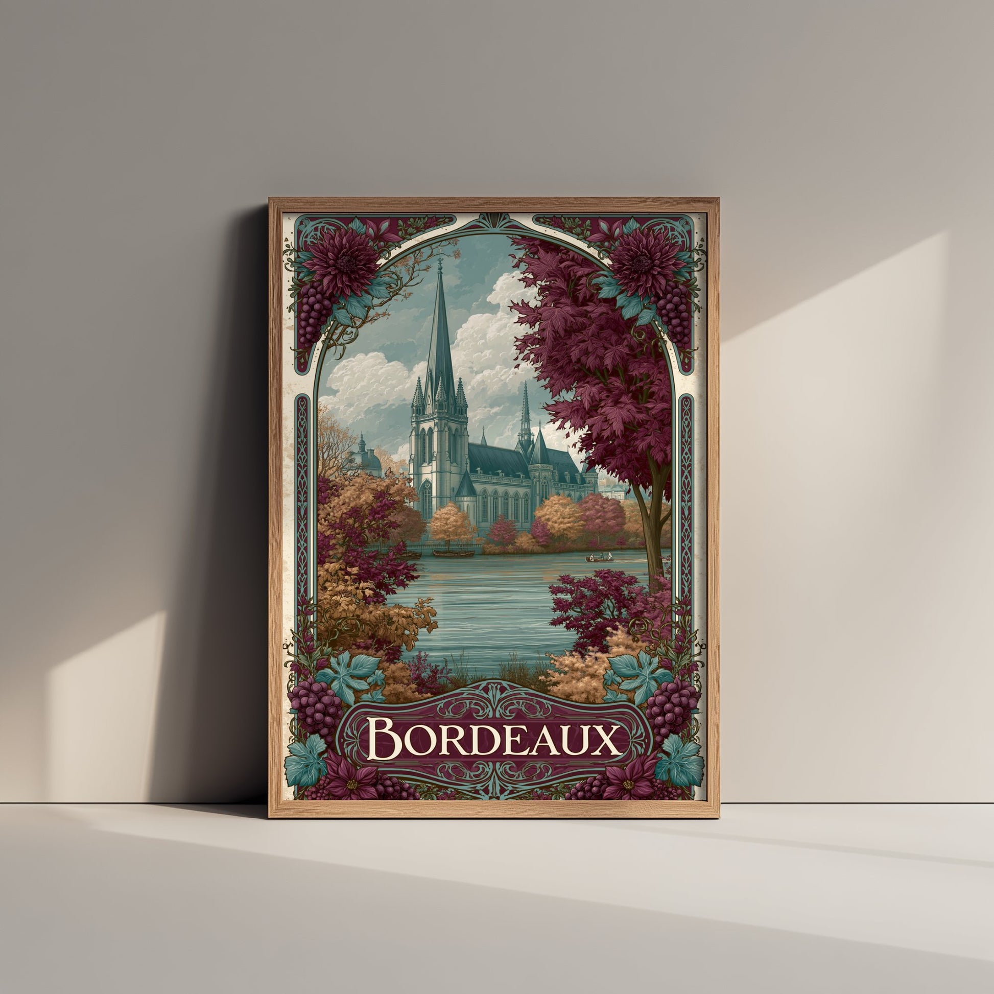 Bordeaux France Travel Poster - Art Nouveau Illustration - Cathedral & Autumn Vines Art Print - Visit Wine Region 1/3
