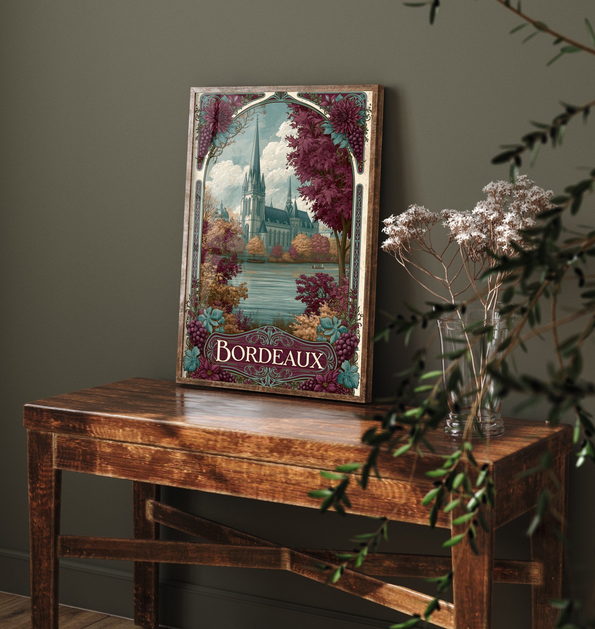 Bordeaux France Travel Poster - Art Nouveau Illustration - Cathedral & Autumn Vines Art Print - Visit Wine Region 1/3