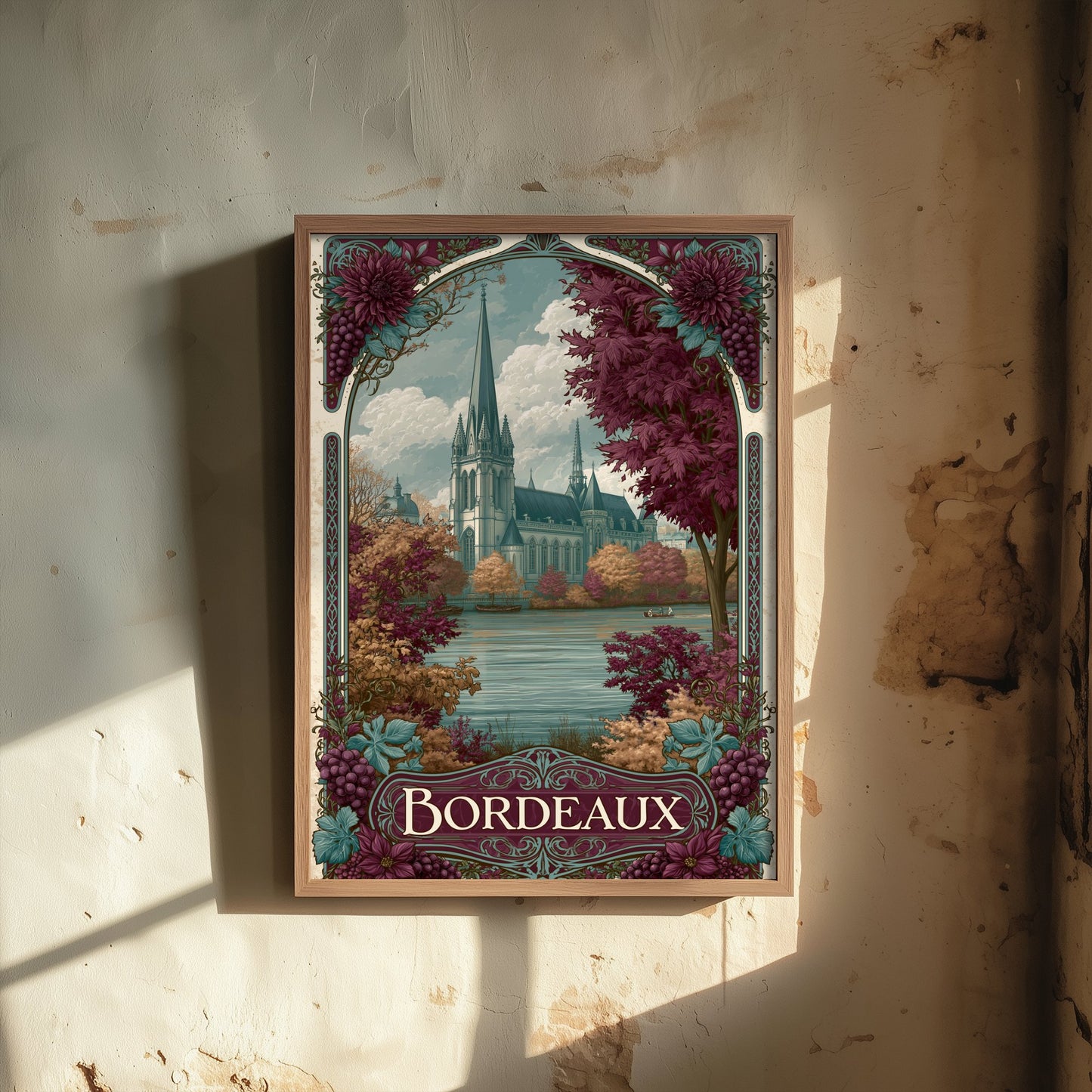 Bordeaux France Travel Poster - Art Nouveau Illustration - Cathedral & Autumn Vines Art Print - Visit Wine Region 1/3