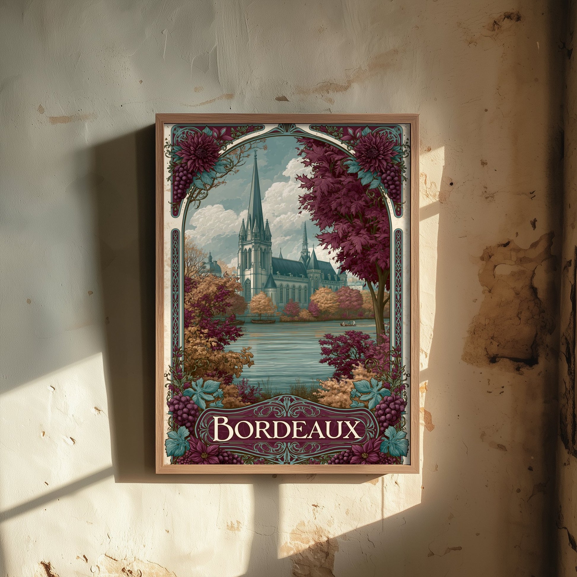 Bordeaux France Travel Poster - Art Nouveau Illustration - Cathedral & Autumn Vines Art Print - Visit Wine Region 1/3