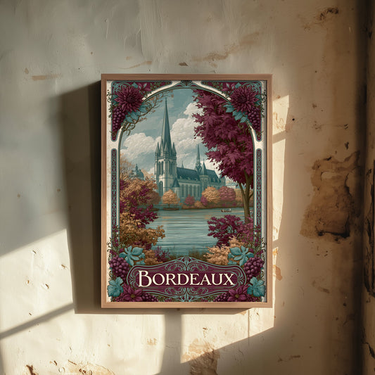 Bordeaux France Travel Poster - Art Nouveau Illustration - Cathedral & Autumn Vines Art Print - Visit Wine Region 1/3