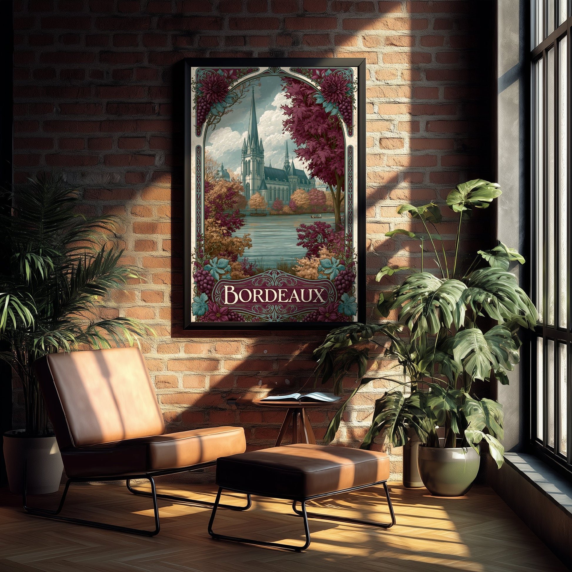 Bordeaux France Travel Poster - Art Nouveau Illustration - Cathedral & Autumn Vines Art Print - Visit Wine Region 1/3