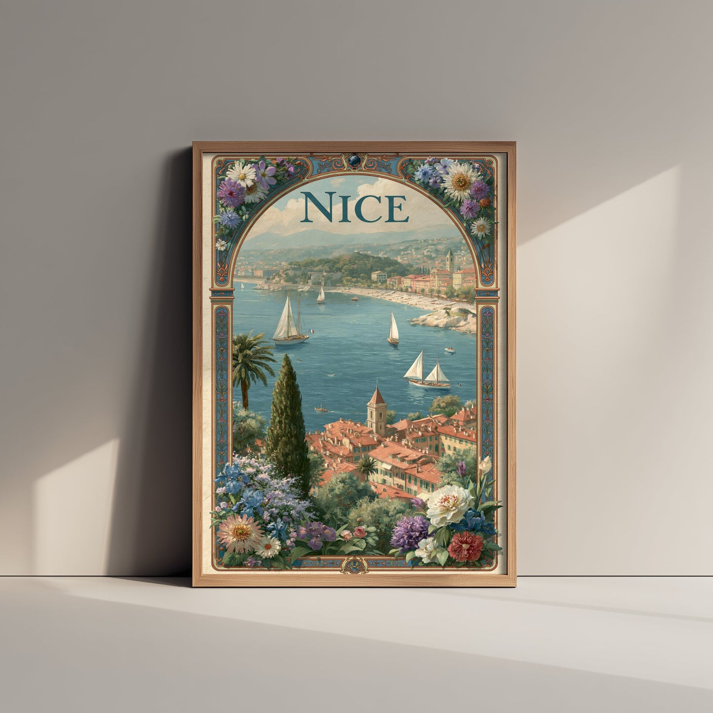 Nice France Travel Poster - Art Nouveau Illustration - French Riviera Art Print - Cote d'Azur Sailboats 2/3