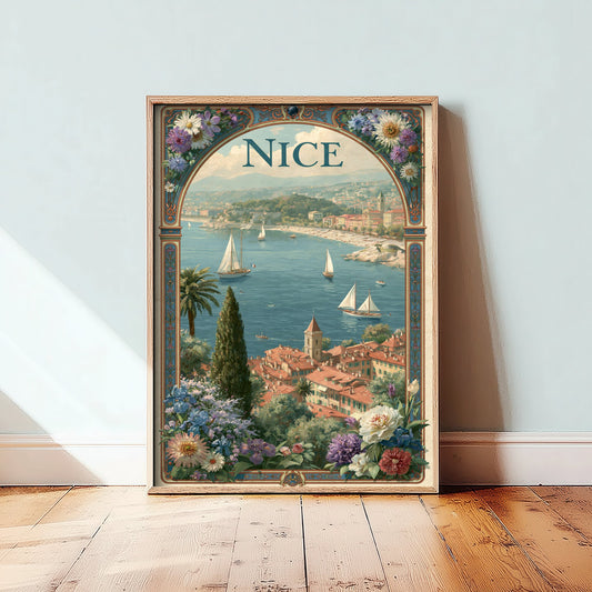 Nice France Travel Poster - Art Nouveau Illustration - French Riviera Art Print - Cote d'Azur Sailboats 2/3