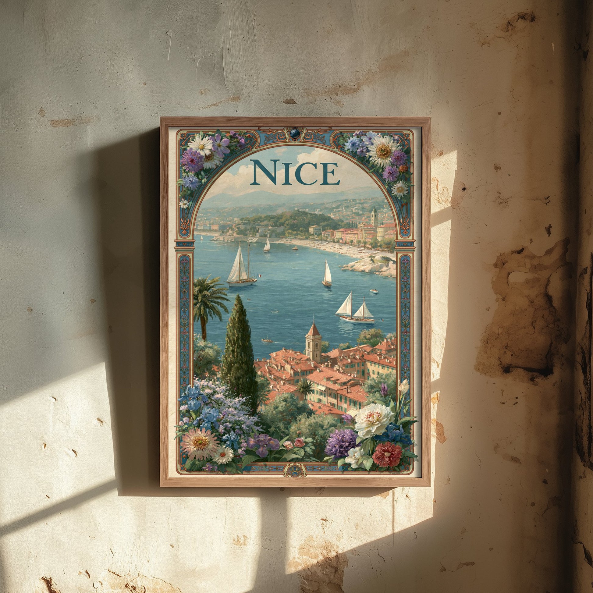 Nice France Travel Poster - Art Nouveau Illustration - French Riviera Art Print - Cote d'Azur Sailboats 2/3