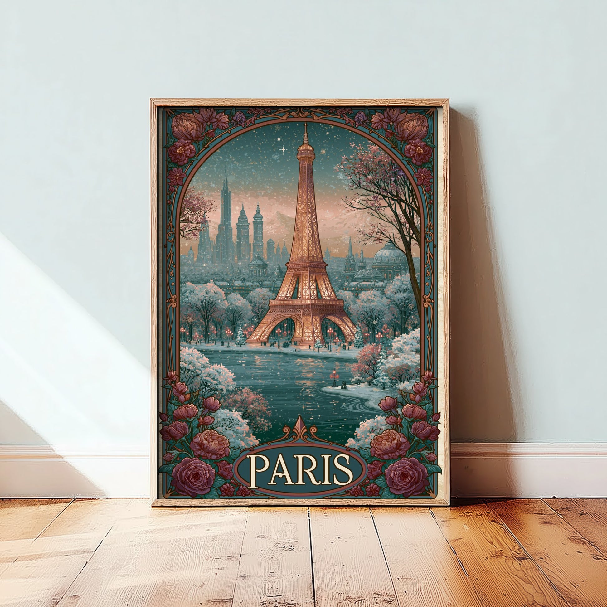 Paris France Travel Poster - Art Nouveau Illustration - Eiffel Tower Art Print - Visit Springtime Blossom 3/3