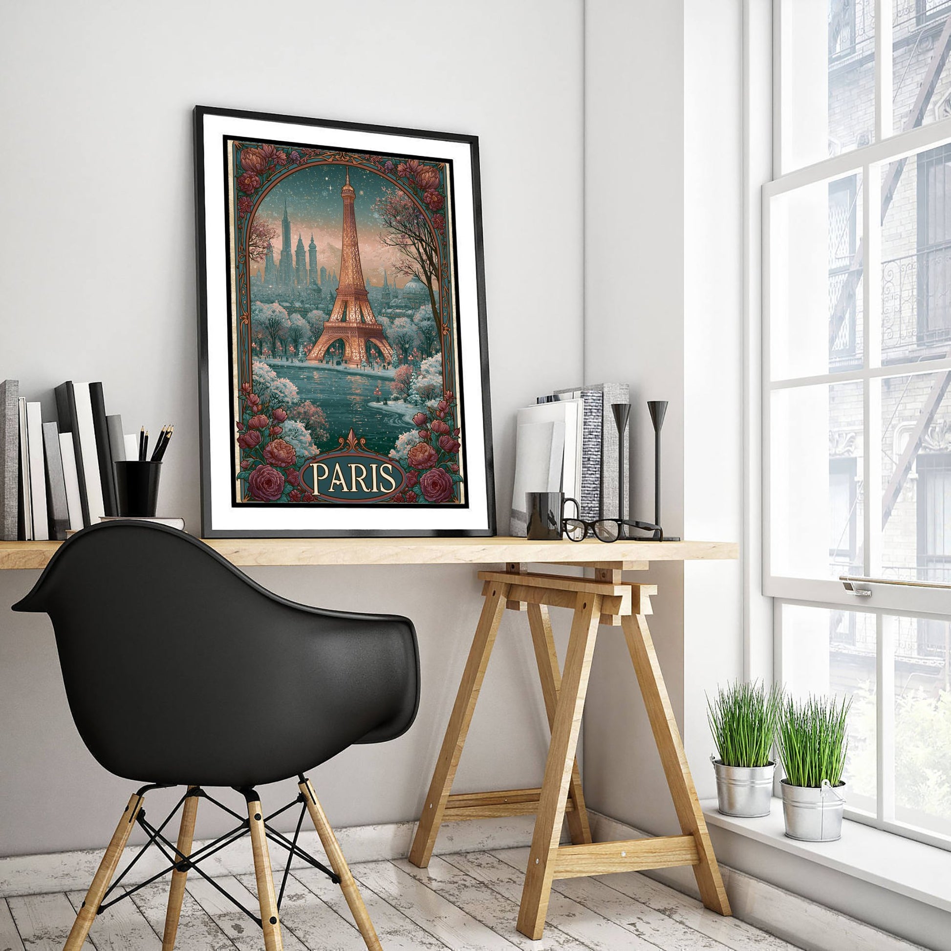 Paris France Travel Poster - Art Nouveau Illustration - Eiffel Tower Art Print - Visit Springtime Blossom 3/3