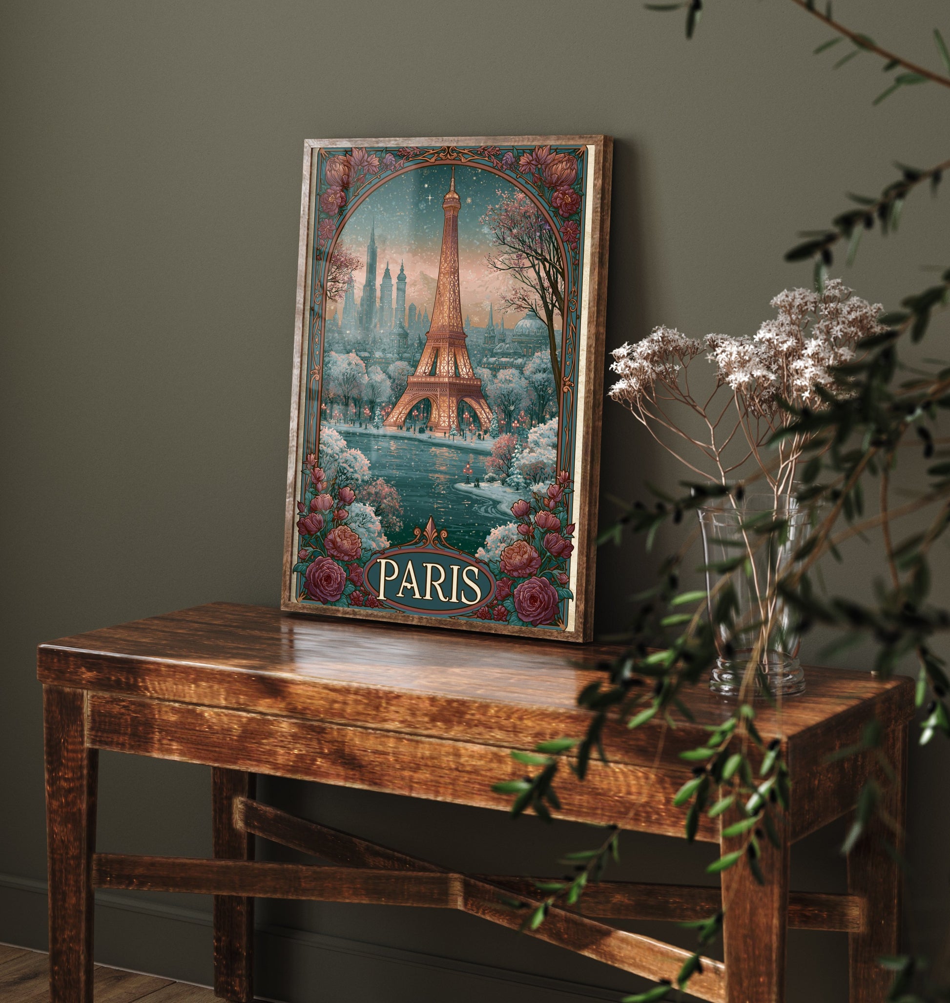 Paris France Travel Poster - Art Nouveau Illustration - Eiffel Tower Art Print - Visit Springtime Blossom 3/3
