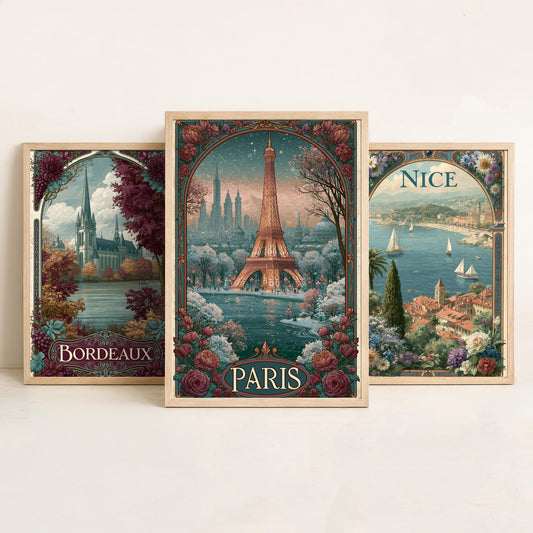 France Set of Three Art Nouveau Travel Posters - Bordeaux, Nice, Paris - Vintage French Art Print Illustration Gift Decor