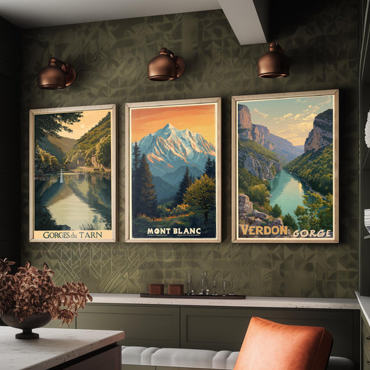 France Set of Three Travel Posters - Gorges du Tarn, Mont Blanc, Verdon Gorge - 3 Vintage Art Prints Illustration Gift Mountain