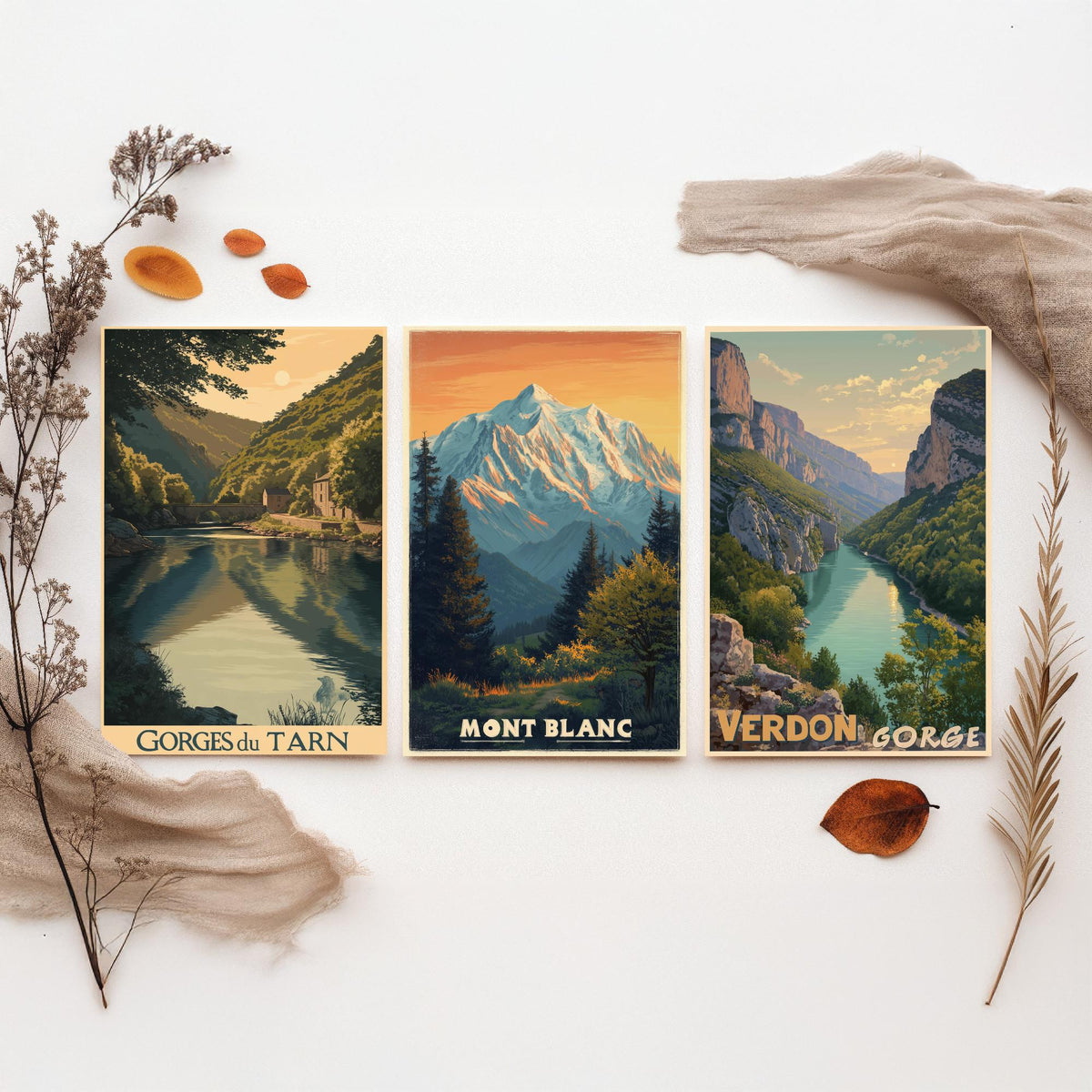 France Set of Three Travel Posters - Gorges du Tarn, Mont Blanc, Verdon Gorge - 3 Vintage Art Prints Illustration Gift Mountain