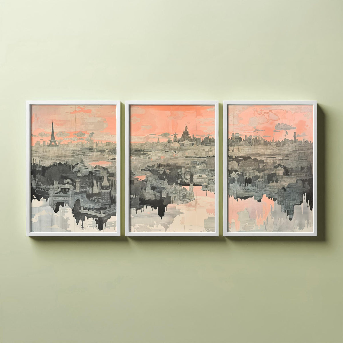 Paris France Set of Three Art Prints - 3 City Skyline Posters - Pink Grey Illustration Wall Art Gift Eiffel Tower Cityscape Map