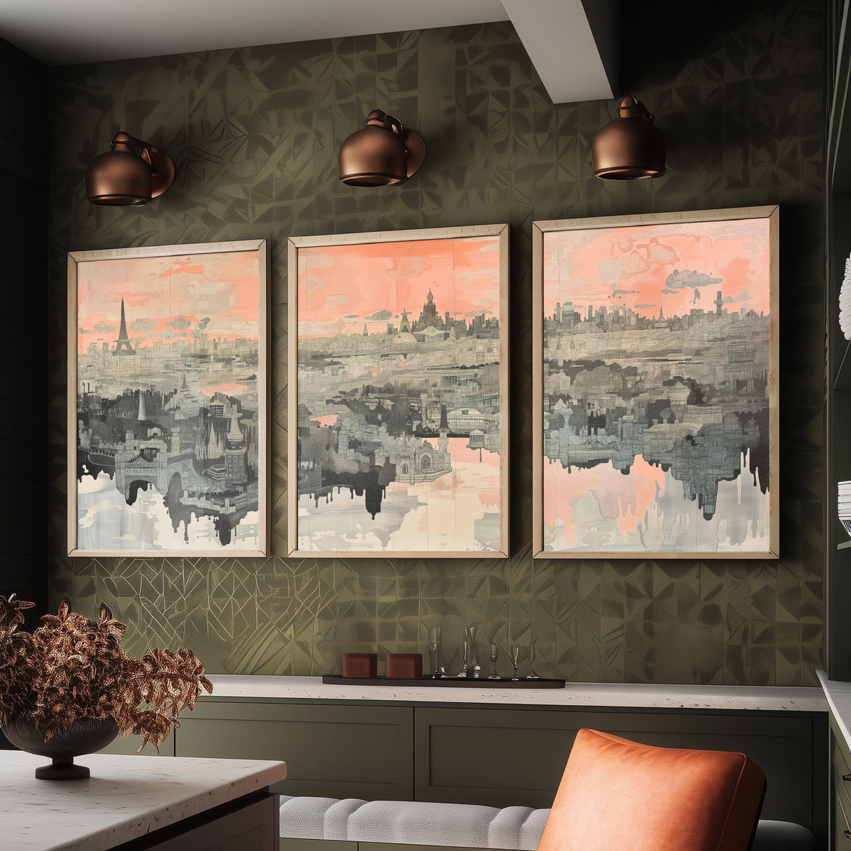 Paris France Set of Three Art Prints - 3 City Skyline Posters - Pink Grey Illustration Wall Art Gift Eiffel Tower Cityscape Map