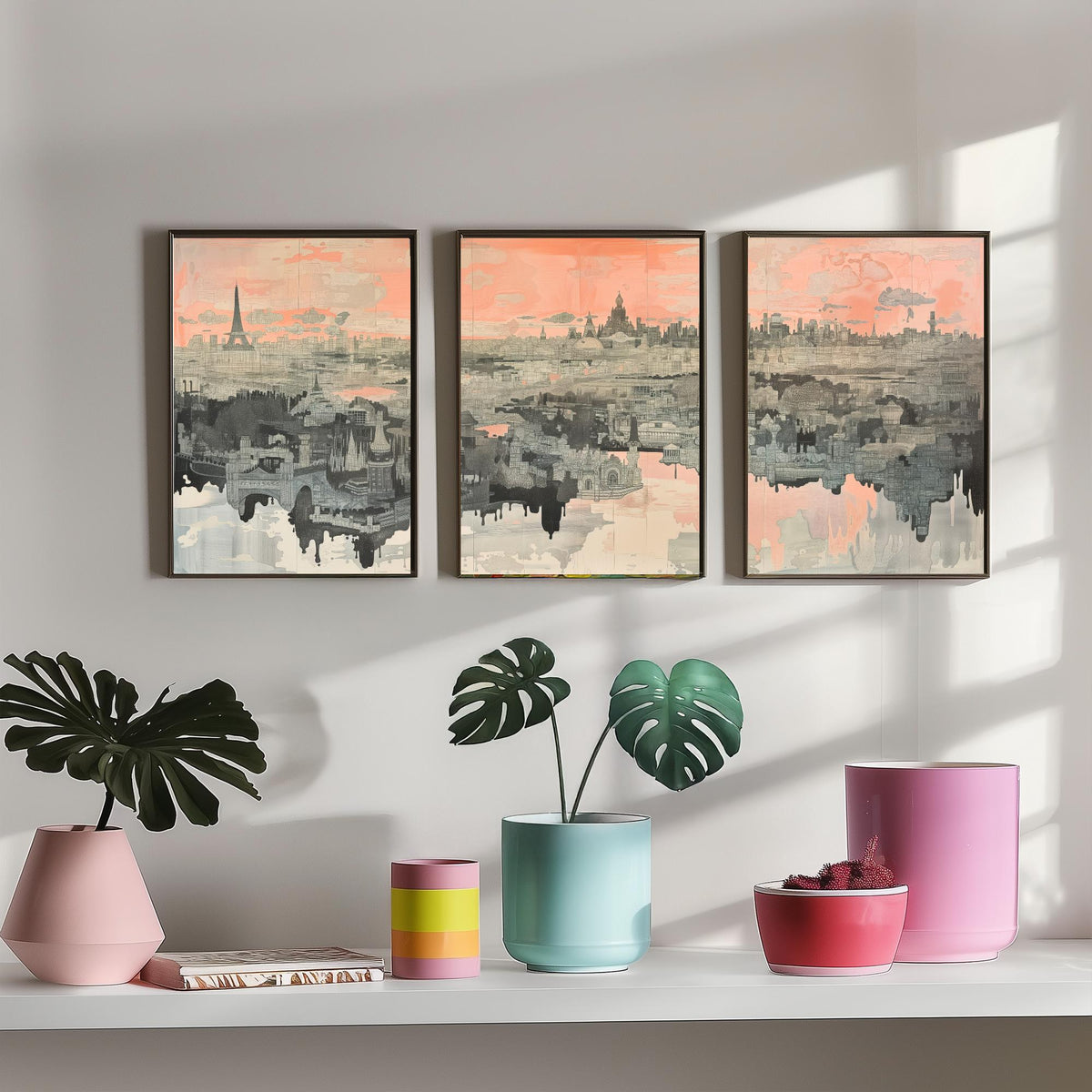 Paris France Set of Three Art Prints - 3 City Skyline Posters - Pink Grey Illustration Wall Art Gift Eiffel Tower Cityscape Map