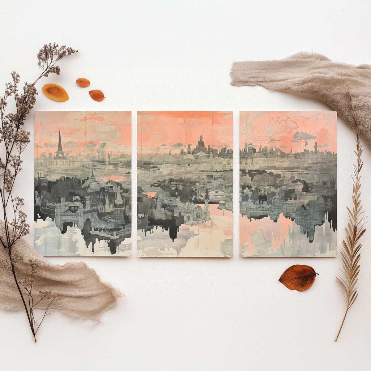 Paris France Set of Three Art Prints - 3 City Skyline Posters - Pink Grey Illustration Wall Art Gift Eiffel Tower Cityscape Map