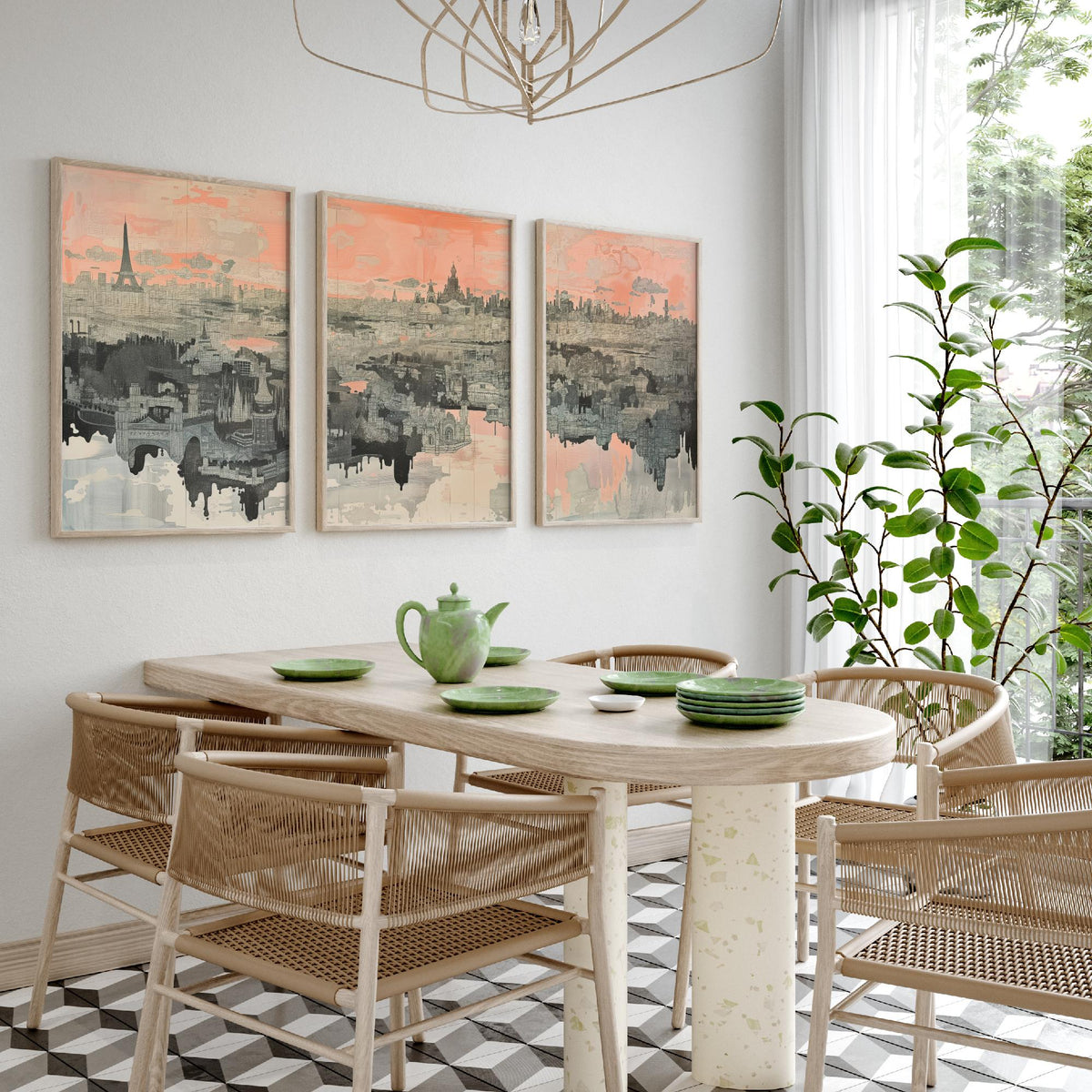 Paris France Set of Three Art Prints - 3 City Skyline Posters - Pink Grey Illustration Wall Art Gift Eiffel Tower Cityscape Map