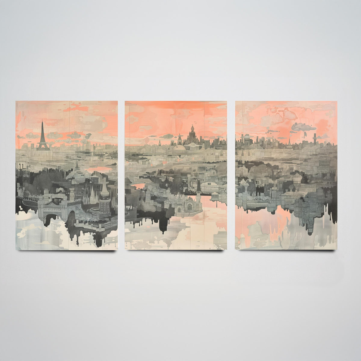 Paris France Set of Three Art Prints - 3 City Skyline Posters - Pink Grey Illustration Wall Art Gift Eiffel Tower Cityscape Map