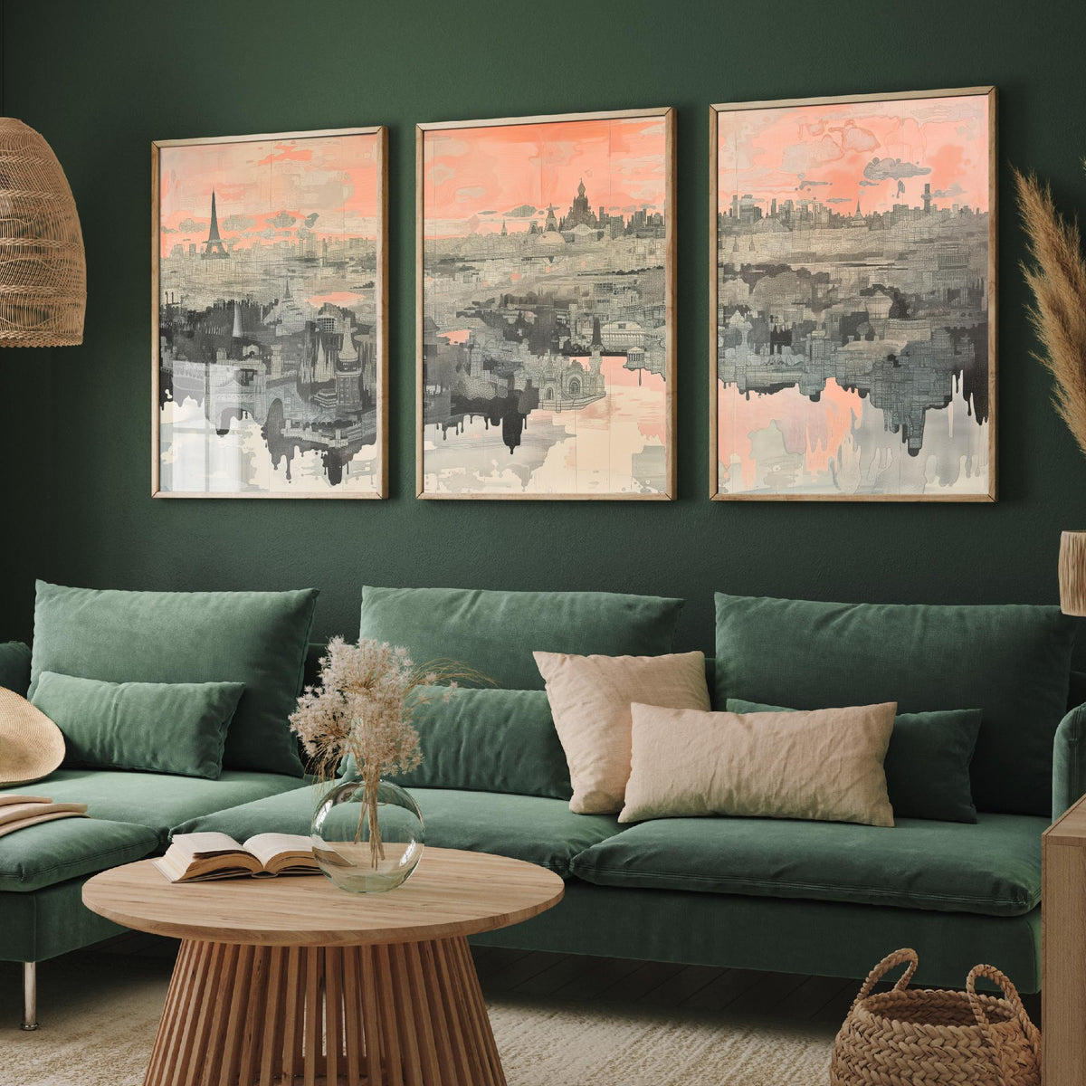 Paris France Set of Three Art Prints - 3 City Skyline Posters - Pink Grey Illustration Wall Art Gift Eiffel Tower Cityscape Map