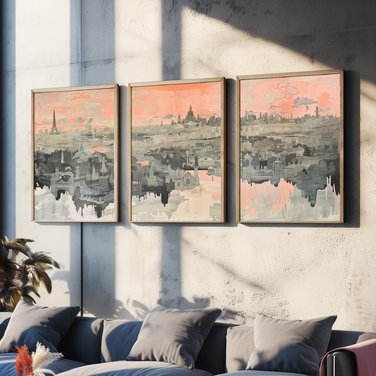 Paris France Set of Three Art Prints - 3 City Skyline Posters - Pink Grey Illustration Wall Art Gift Eiffel Tower Cityscape Map