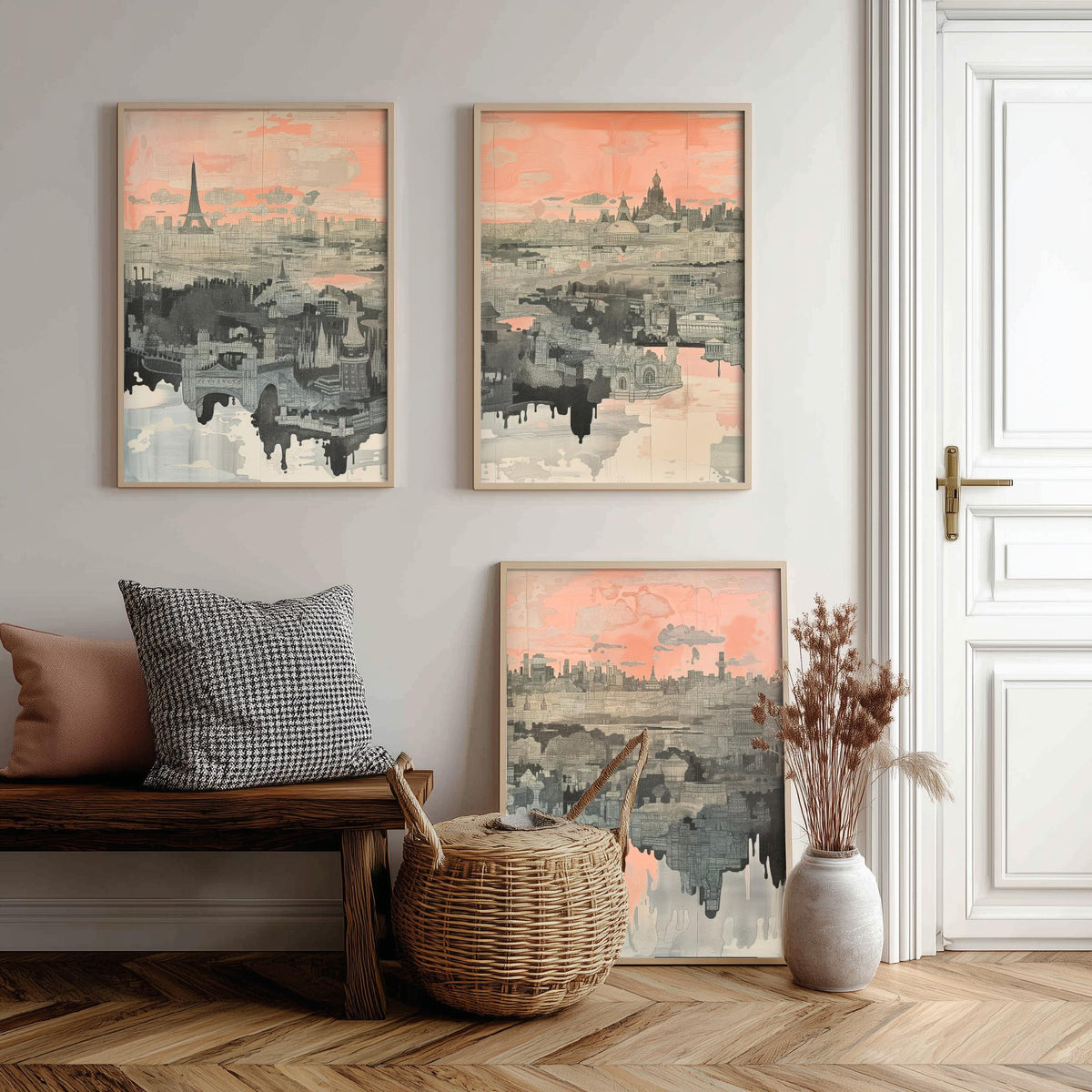 Paris France Set of Three Art Prints - 3 City Skyline Posters - Pink Grey Illustration Wall Art Gift Eiffel Tower Cityscape Map