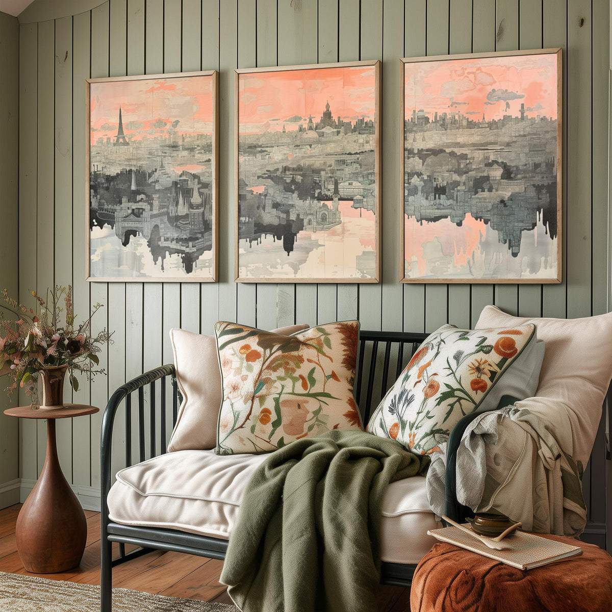 Paris France Set of Three Art Prints - 3 City Skyline Posters - Pink Grey Illustration Wall Art Gift Eiffel Tower Cityscape Map