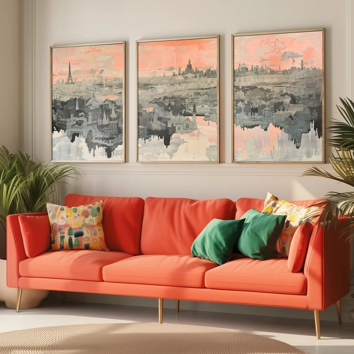 Paris France Set of Three Art Prints - 3 City Skyline Posters - Pink Grey Illustration Wall Art Gift Eiffel Tower Cityscape Map