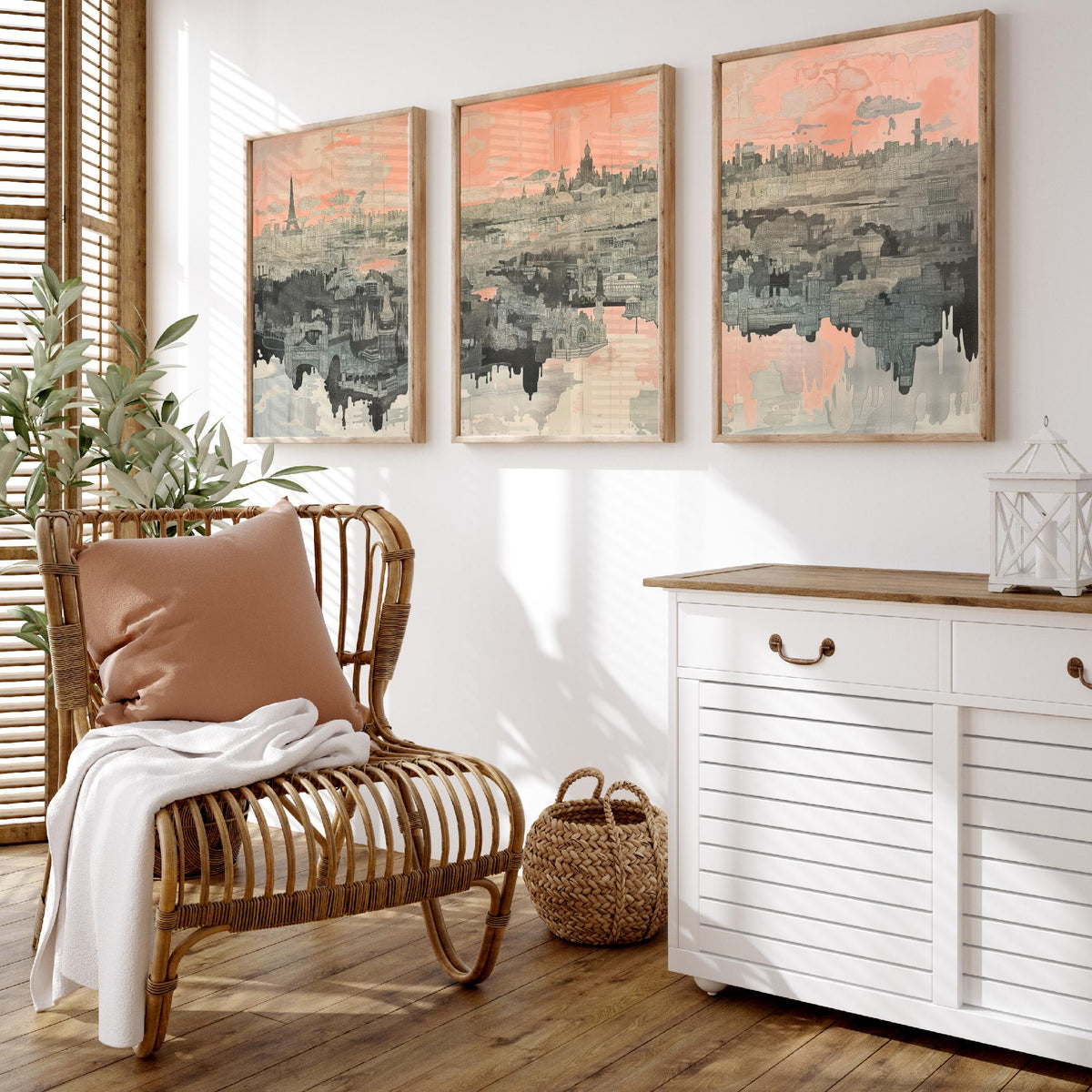 Paris France Set of Three Art Prints - 3 City Skyline Posters - Pink Grey Illustration Wall Art Gift Eiffel Tower Cityscape Map