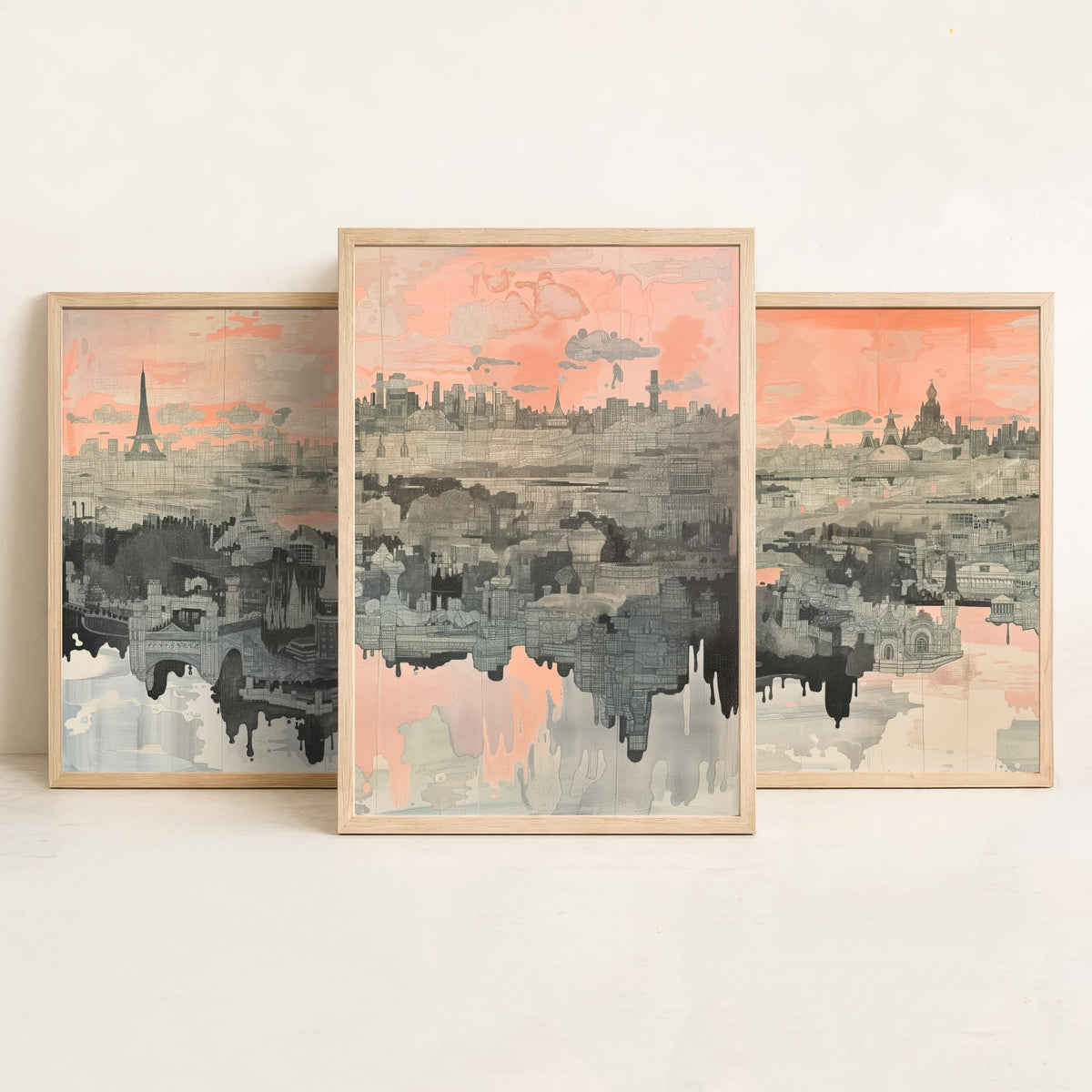 Paris France Set of Three Art Prints - 3 City Skyline Posters - Pink Grey Illustration Wall Art Gift Eiffel Tower Cityscape Map