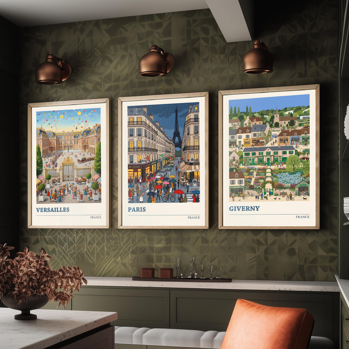 France Set of Three Art Prints - Versailles, Paris, Giverny - 3 Colourful Folk Illustration Travel Posters - French Painting
