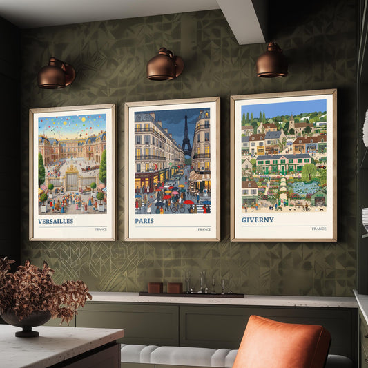 France Set of Three Art Prints - Versailles, Paris, Giverny - 3 Colourful Folk Illustration Travel Posters - French Painting