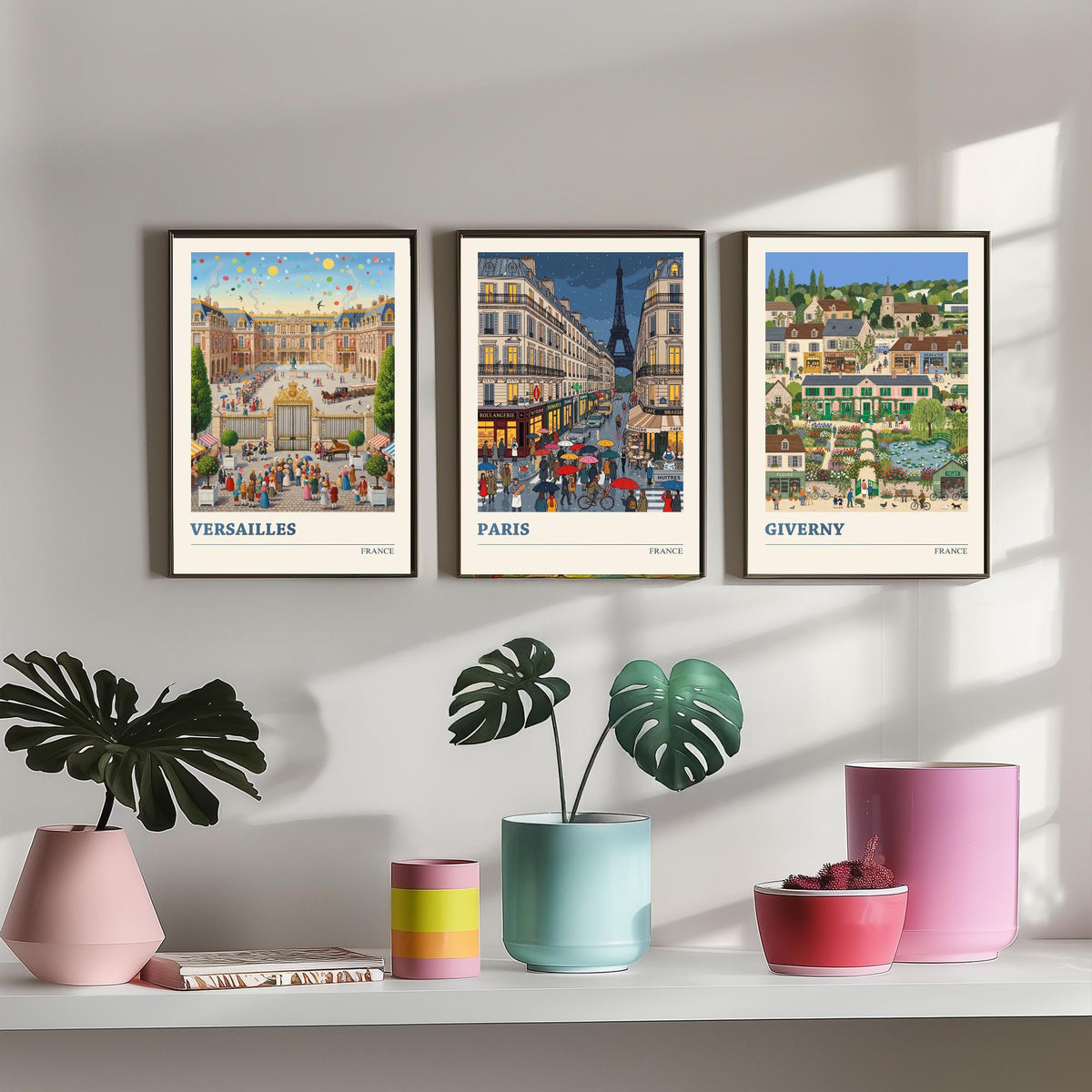 France Set of Three Art Prints - Versailles, Paris, Giverny - 3 Colourful Folk Illustration Travel Posters - French Painting