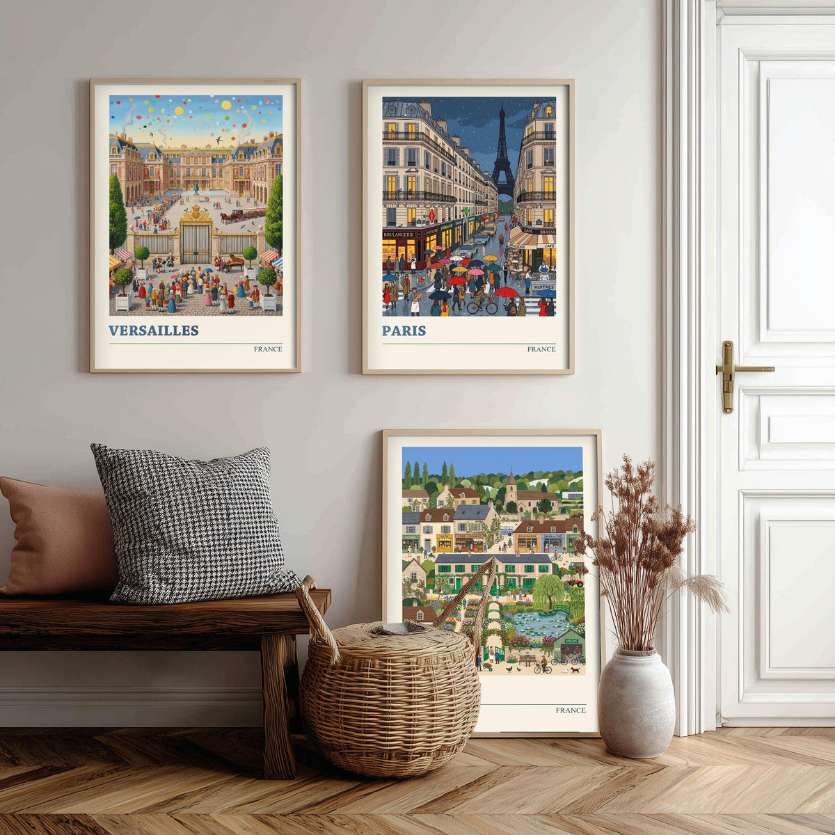 France Set of Three Art Prints - Versailles, Paris, Giverny - 3 Colourful Folk Illustration Travel Posters - French Painting