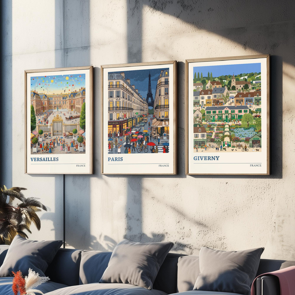 France Set of Three Art Prints - Versailles, Paris, Giverny - 3 Colourful Folk Illustration Travel Posters - French Painting
