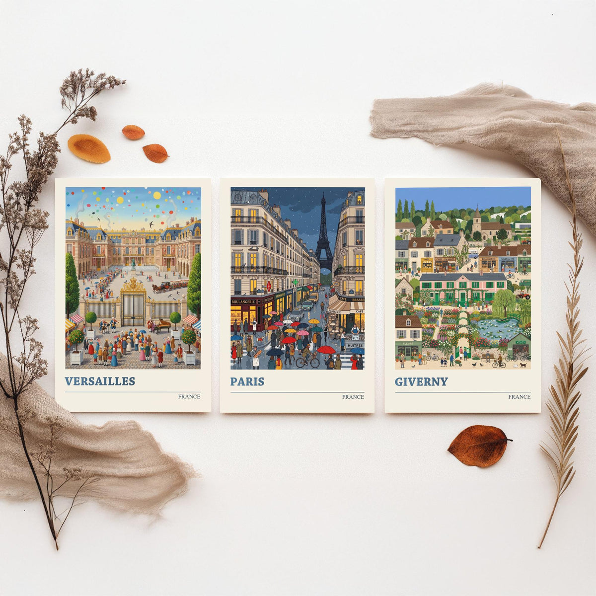 France Set of Three Art Prints - Versailles, Paris, Giverny - 3 Colourful Folk Illustration Travel Posters - French Painting