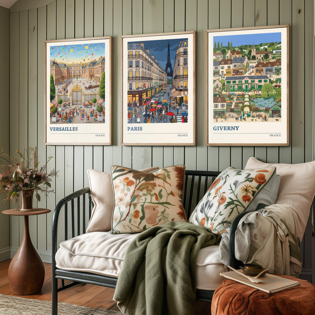 France Set of Three Art Prints - Versailles, Paris, Giverny - 3 Colourful Folk Illustration Travel Posters - French Painting