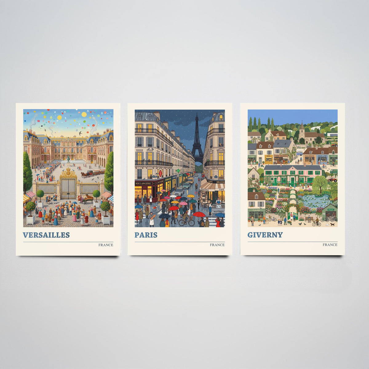 France Set of Three Art Prints - Versailles, Paris, Giverny - 3 Colourful Folk Illustration Travel Posters - French Painting