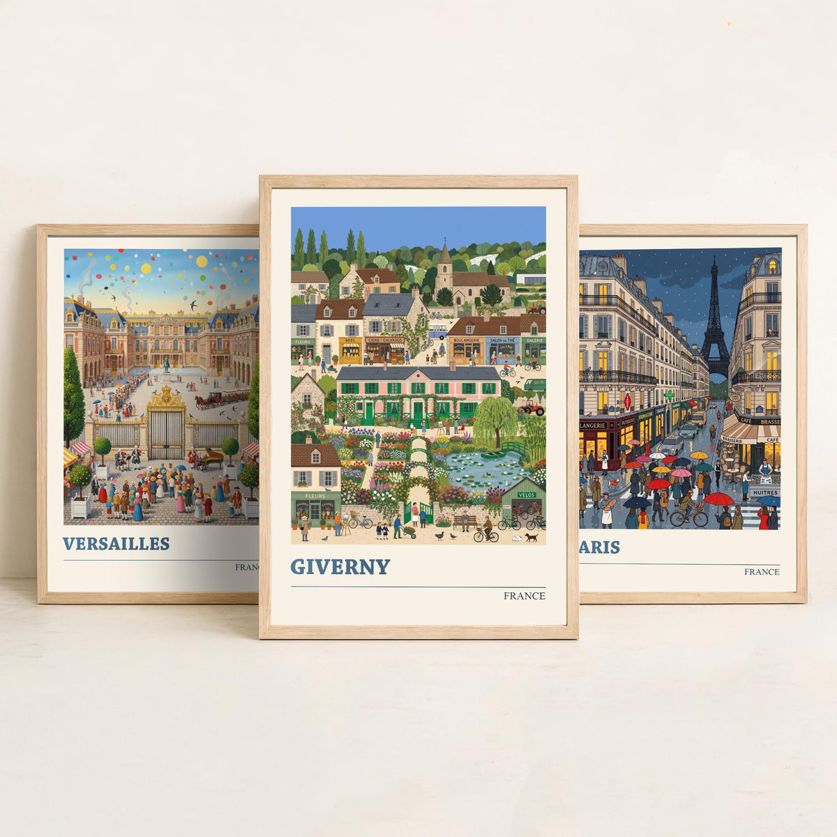 France Set of Three Art Prints - Versailles, Paris, Giverny - 3 Colourful Folk Illustration Travel Posters - French Painting