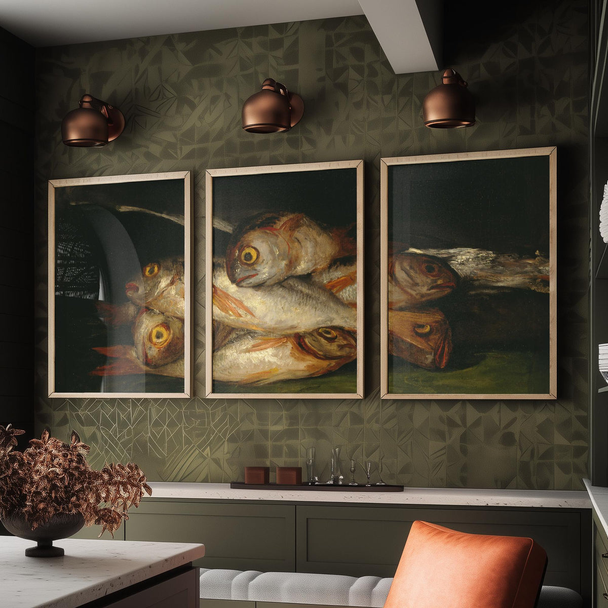 Francisco Goya Set of Three Art Prints - Still Life with Golden Bream - 3 Fish Painting Posters - Kitchen Wall Art Gift Giclee