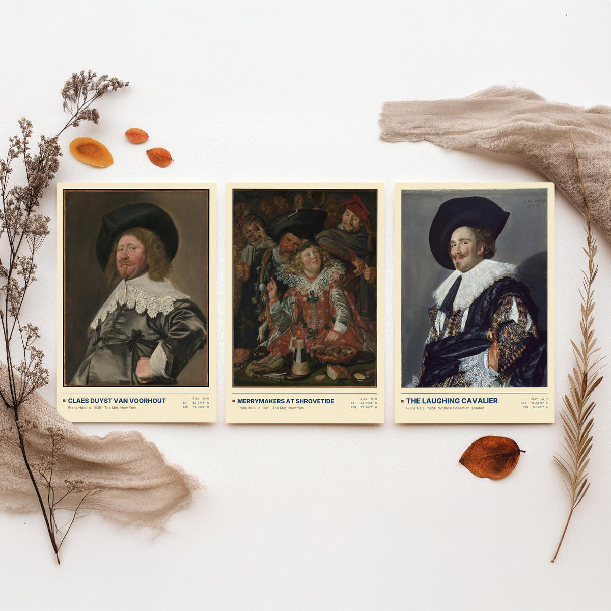 Frans Hals Set of Three Art Prints - The Laughing Cavalier, Merrymakers at Shrovetide, Claes van Voorhout - Golden Age Paintings Posters