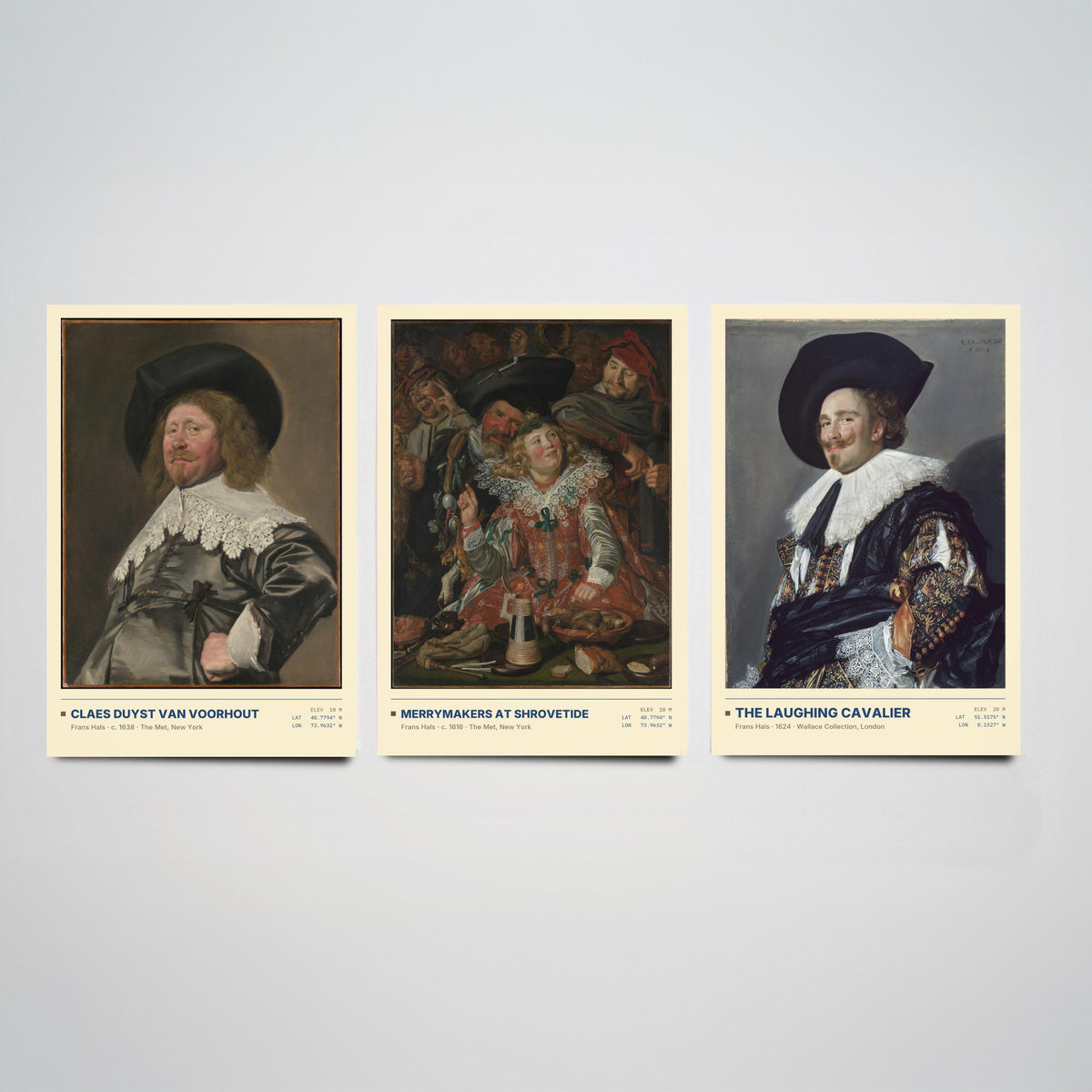 Frans Hals Set of Three Art Prints - The Laughing Cavalier, Merrymakers at Shrovetide, Claes van Voorhout - Golden Age Paintings Posters