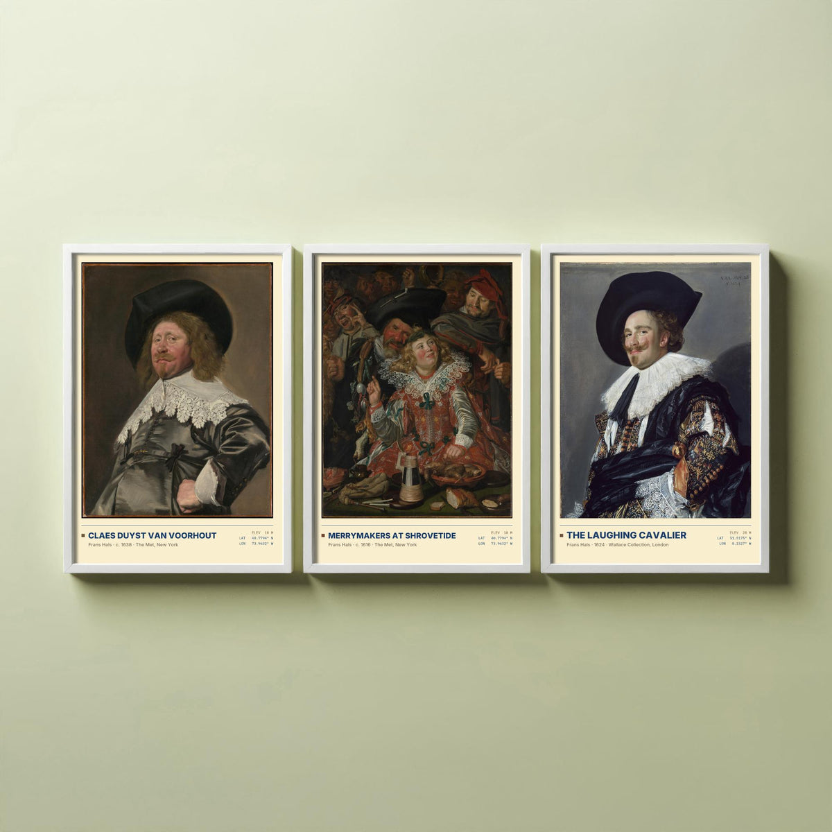 Frans Hals Set of Three Art Prints - The Laughing Cavalier, Merrymakers at Shrovetide, Claes van Voorhout - Golden Age Paintings Posters