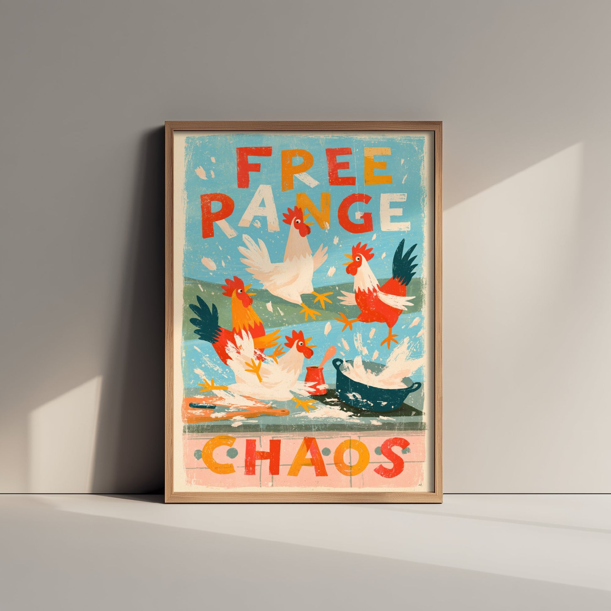 Free Range Chaos Art Print - Funny Chicken Kitchen Poster - Retro Hens Illustration