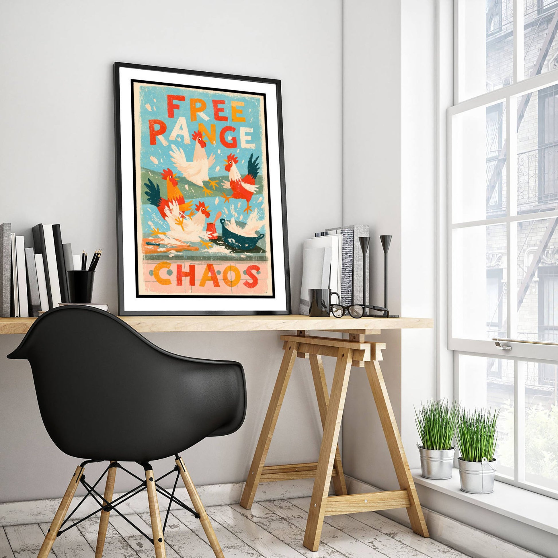 Free Range Chaos Art Print - Funny Chicken Kitchen Poster - Retro Hens Illustration